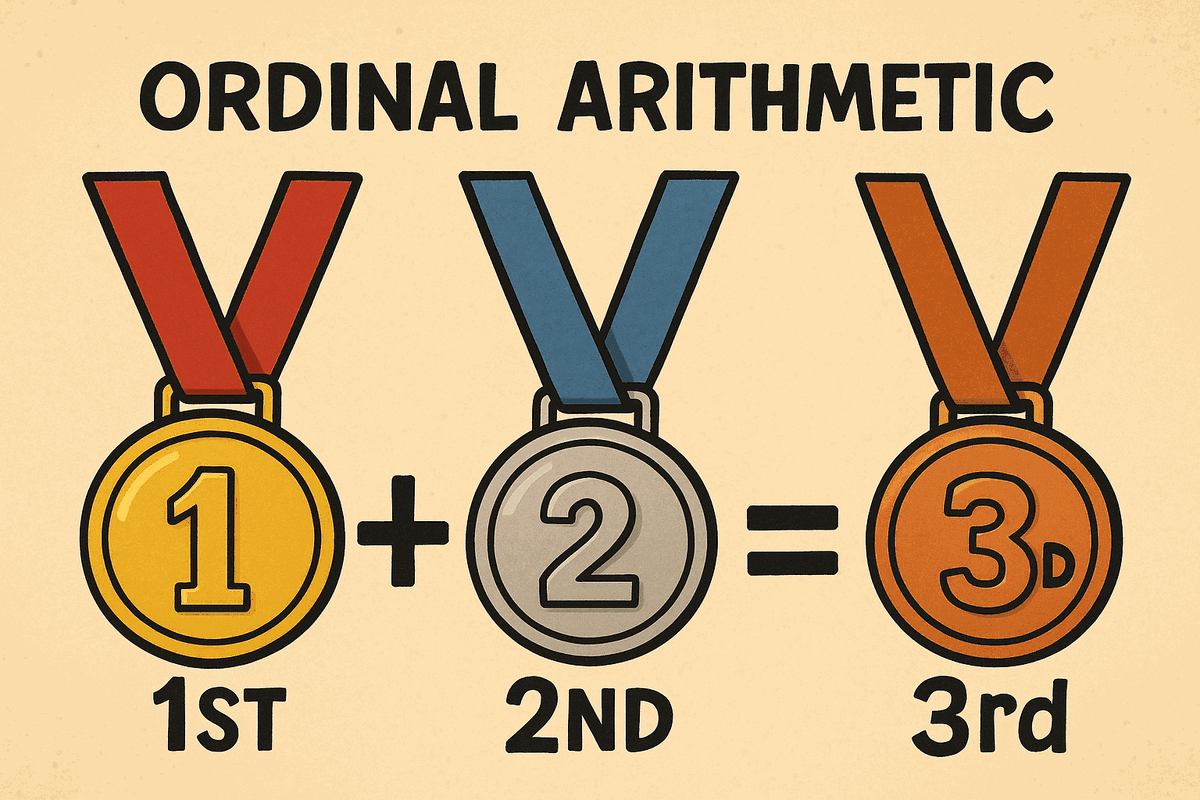 Ordinal arithmetic, illustrated with medals: first place plus second place equals third place. Rank labels can be ordered but not added or multiplied, which is exactly the operation a risk matrix performs when it combines an ordinal likelihood with an ordinal impact.