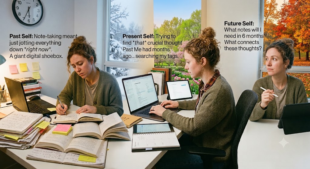 The same person as three temporal selves at one desk across three seasons: the past self hoards notes into a shoebox, the present self hunts for a thought it filed months ago, the future self wonders what it will need.